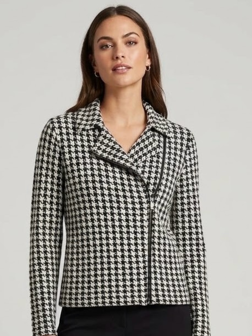 Chaps Houndstooth Moto Knit Jacket Sweater Off-Center Zip Asymmetric Small S